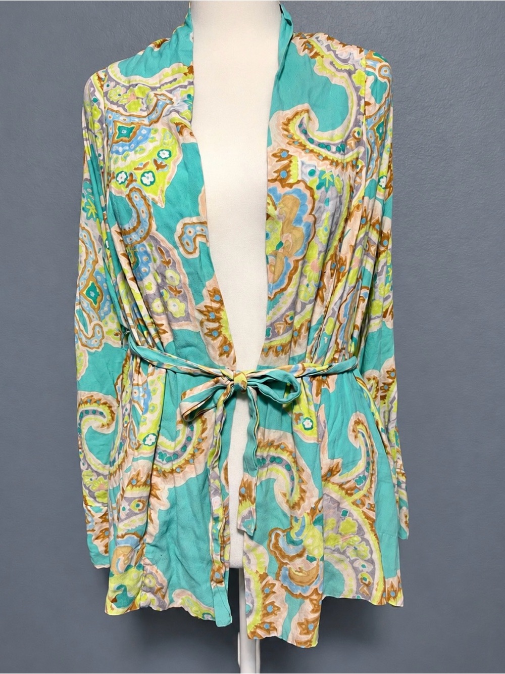 Zara Green Turquoise Paisley Blouse Blazer Kimono Beach Cover Belted Boho Medium
